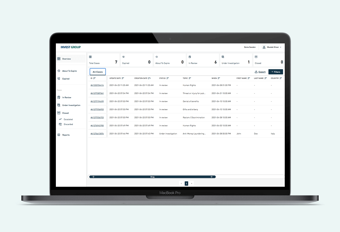 Screenshot IntegrityLog Interface - List of cases